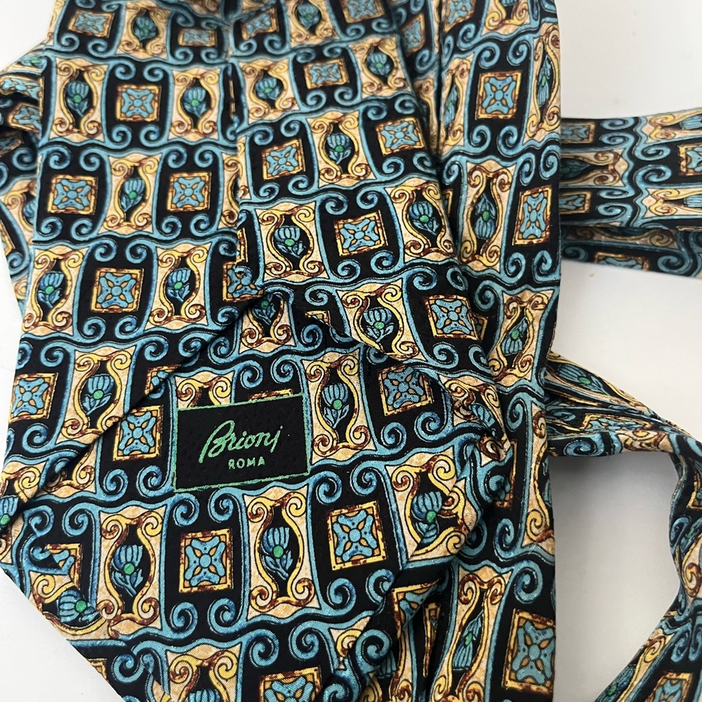 Brioni Geometric Silk Tie in Blue and Gold
